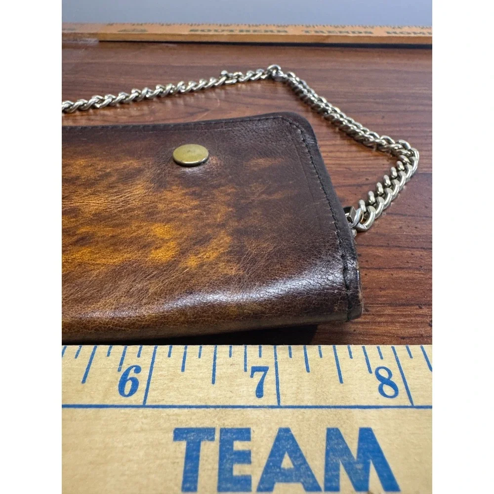 Vintage Full Grain Leather Metal Chain Snap Buttons Bifold Wallet Biker Trucker